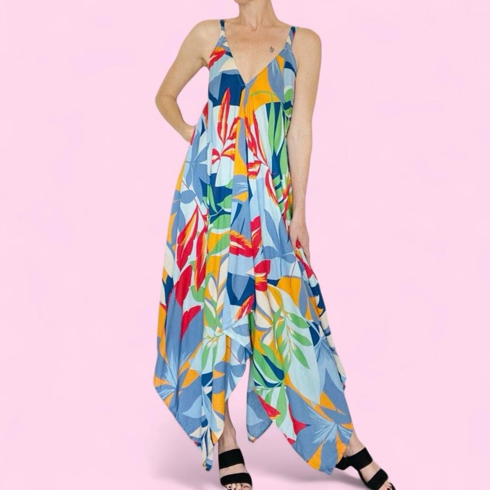 NWT Goa Colorful Tropical Plant Beach Swim Asymmetrical Maxi Dress